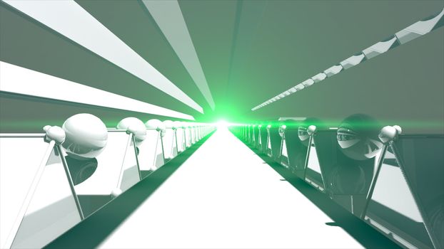 3d rendering Futuristic road tunnel. Technology background with light at the end. 8K Ultra HD Resolution