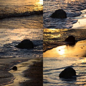 Rock on the beach with dramatic SUNSET sky. collage