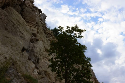 textured rock wall against a blue sky.