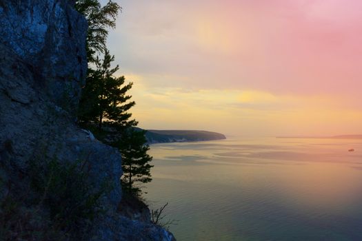 Beautiful sea landscape. rock and green trees