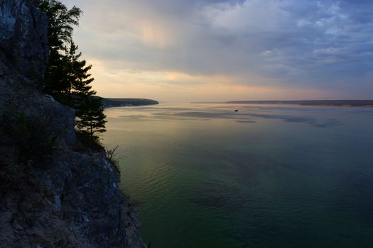 Beautiful sea landscape. rock and green trees