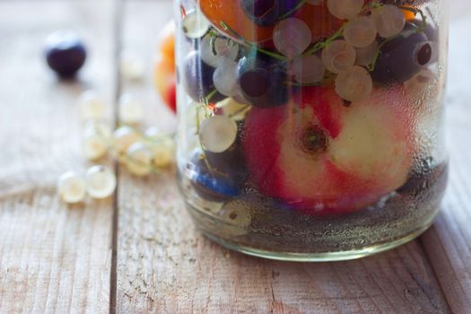 fresh fruits in glass container. copy space