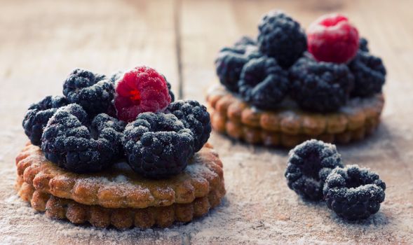 Fresh berry tartlet or cake filled with raspberry blackberry icing