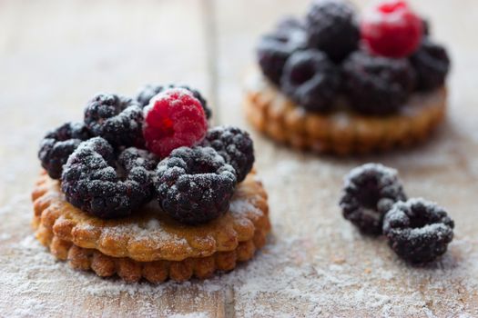 Fresh berry tartlet or cake filled with raspberry blackberry icing