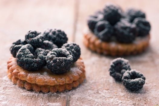 Fresh berry tartlet or cake filled with raspberry blackberry icing