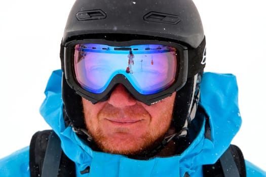 Portrait of freerider outdoor in Caucasus mountains