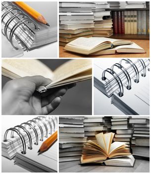Collage of opened and stacked books