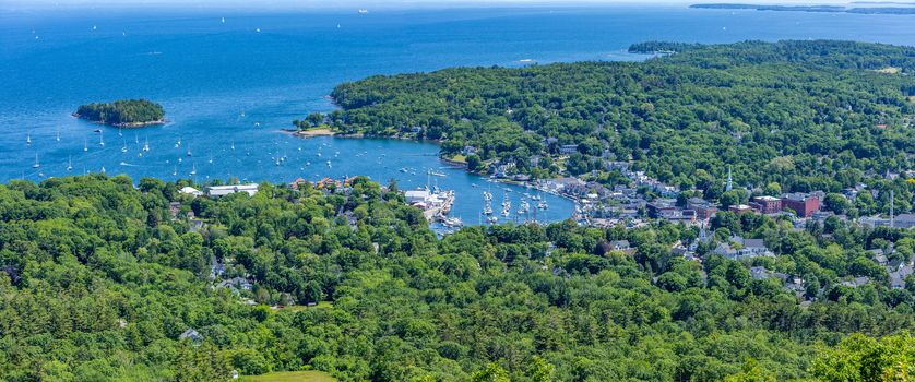 A view of the harbor in Camden, Maine from the summit of Mount Battie in Camden Hills State Park.