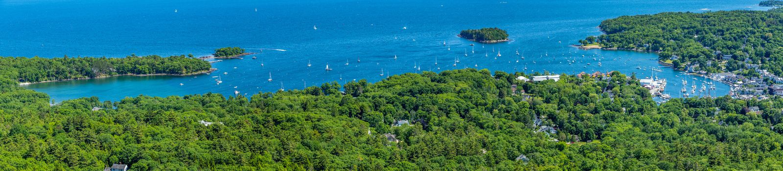 A view of the harbor in Camden, Maine from the summit of Mount Battie in Camden Hills State Park.
