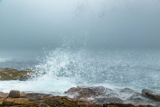 A morning fog lays over the Schoodic Peninsula at Acadia National Park in Maine.