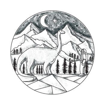 Tattoo style illustration of an astronaut pointing to a brontosaurus with mountain, moon and stars in the background set inside circle.