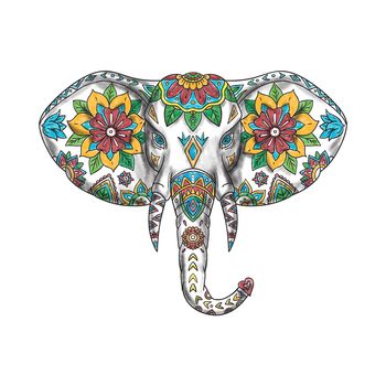 Tattoo style illustration of an elephant head viewed from front set on isolated white background.