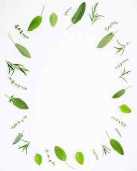 Various fresh herbs from the garden rosemary, sage ,thyme and peppermint leaves flat lay with central copyspace on white wooden background.