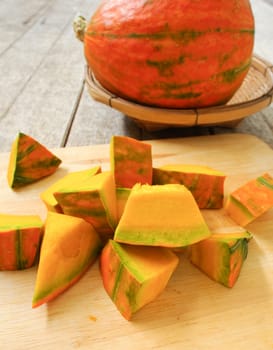 Place the pumpkin on a plate on a wooden table.