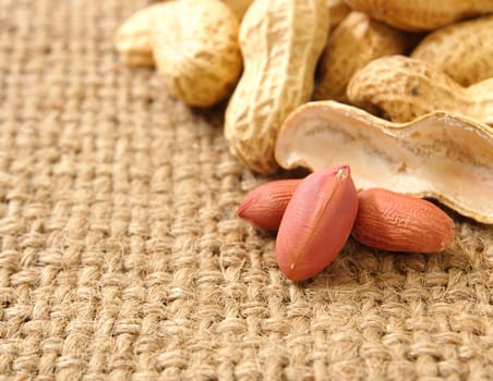 groundnut on the sack background ,close up