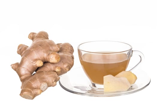 Hot ginger tea isolated on white background.