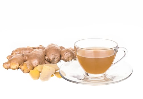 Hot ginger tea isolated on white background.