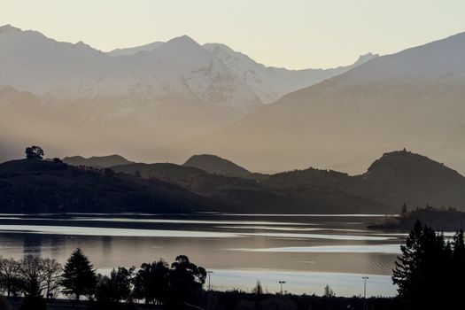 Sunset on the lake in the mountains. New Zealand