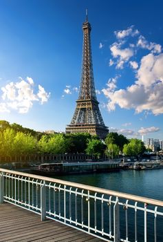 View on Eiffel Tower from Passerelle Debilly in Paris, France