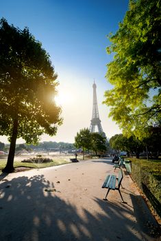 Garden in Paris near Eiffel Tower at sunny morning, France