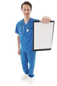 Full length portrait of young doctor in blue uniform isolated on white background 