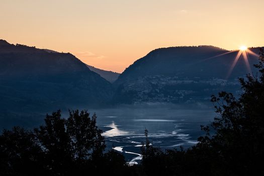 Lake Barrea at dawn photographed from Civitella Alfedena, Italy