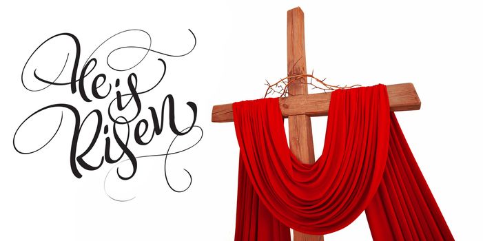 wooden christian cross with a crown of thorns and text He is risen. Calligraphy lettering.