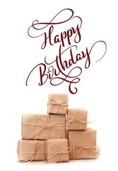 boxes of kraft paper isolated on white background. and text Happy Birthday. Calligraphy lettering.