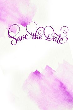 abstract watercolor background as blots on white and text Save the Date. Calligraphy lettering.