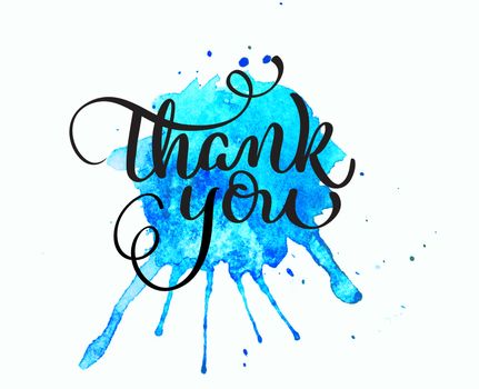 abstract blue watercolor background as blots on white and text Thank you. Calligraphy lettering.