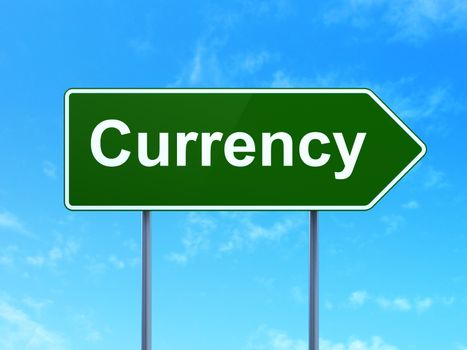 Money concept: Currency on green road highway sign, clear blue sky background, 3D rendering