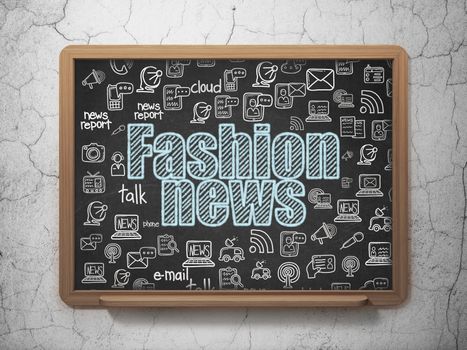 News concept: Chalk Blue text Fashion News on School board background with  Hand Drawn News Icons, 3D Rendering