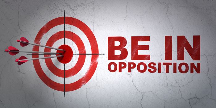 Success political concept: arrows hitting the center of target, Red Be in Opposition on wall background, 3D rendering