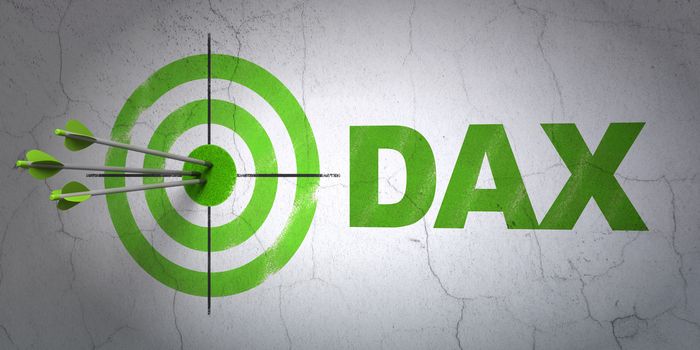 Success Stock market indexes concept: arrows hitting the center of target, Green DAX on wall background, 3D rendering