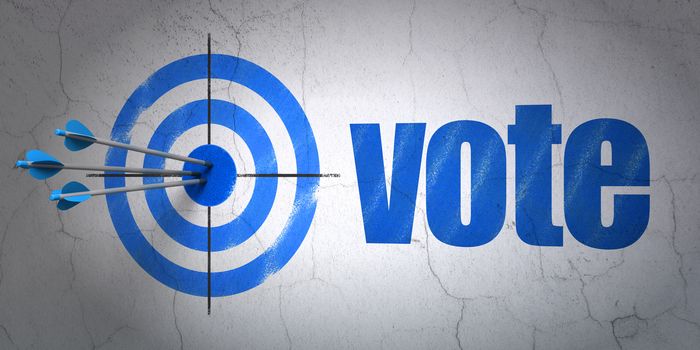 Success political concept: arrows hitting the center of target, Blue Vote on wall background, 3D rendering