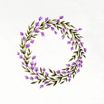 Watercolor floral wreath with lavender, green leaves and branches. Used for wedding invitation, greeting cards