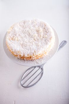 Homemade coconut cake with a spoon on a white surface