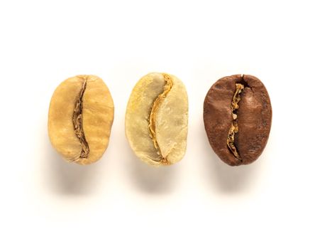 Mix of white left , green center and brown right coffee bean on white background. Top view or flat lay. Extreme close up. Image with natural colors