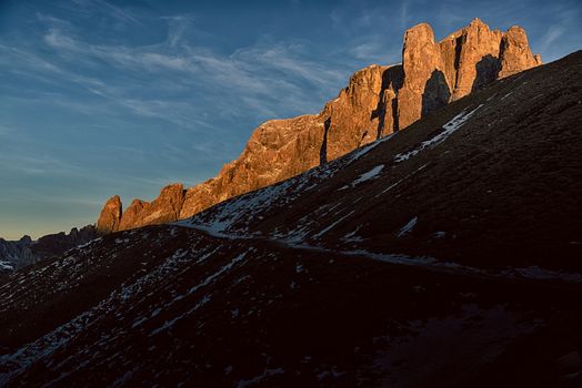 Sunset over the Tower of Sella in magical winter end of the day, Dolomiti - Italy