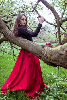 beautiful woman in a red dress standing near a tree in the forest