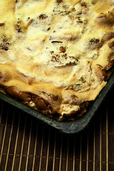 food background Apple pie on the baking pan