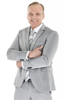 Portrait of smiling mature businessman wearing gray suit isolated on white background