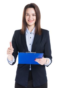 Beautiful businesswoman holding blue folder with thumb up sign isolated on white background