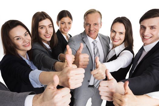 Happy business people cheering and showing thumb up, isolated on white background