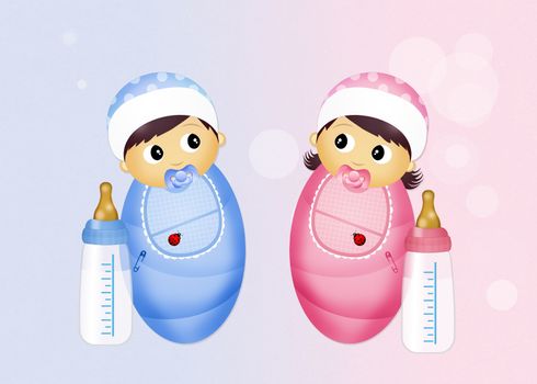illustration of babies with baby bottle