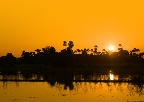 SUNSET OVER LAKE AND SILHOUETTE OF TREES