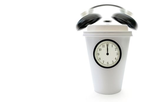 Taking a break concept with clock face and ringing bells around a plastic coffee cup with space