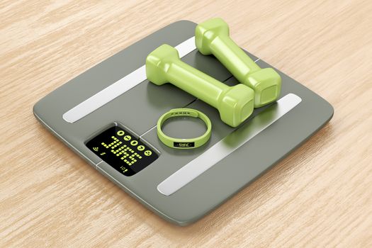 Smart body analyzer, fitness tracker and pair of dumbbells 
