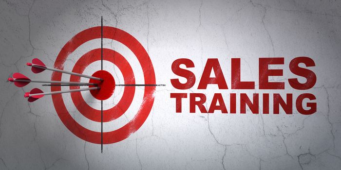 Success advertising concept: arrows hitting the center of target, Red Sales Training on wall background, 3D rendering