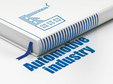 Industry concept: closed book with Blue Industry Building icon and text Automotive Industry on floor, white background, 3D rendering